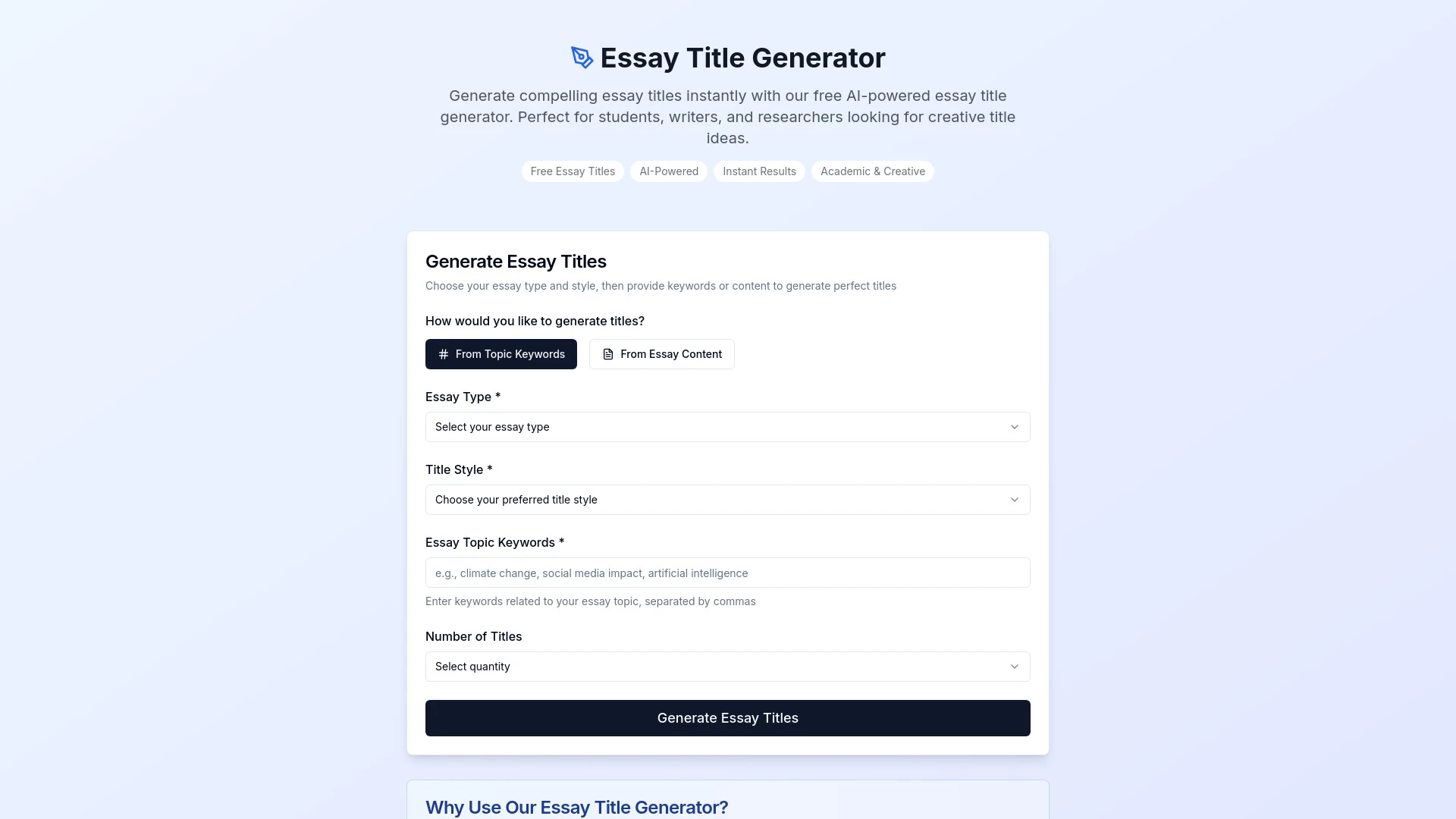 Essay Title Generator - AI Tool Ocean